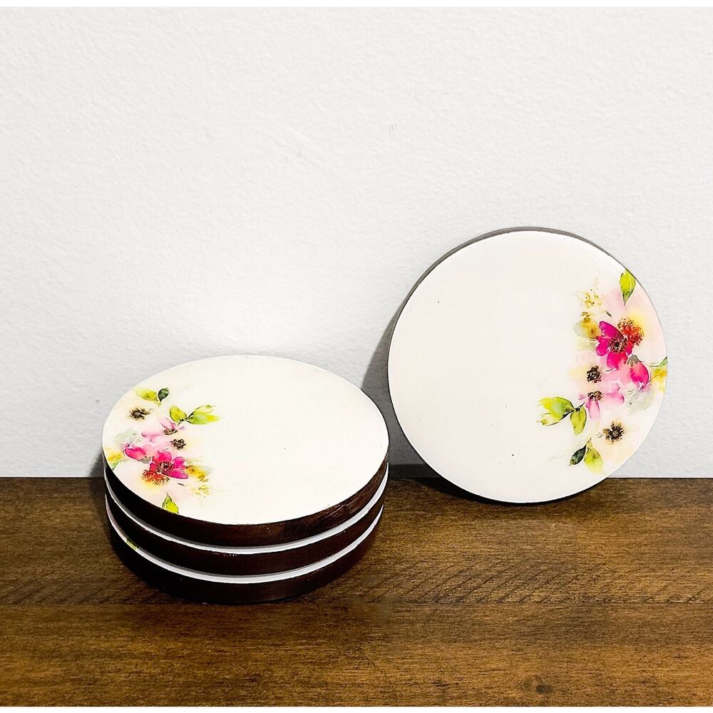 NWT: Godinger - Set of 4, Walnut Wood & Enamel, Floral Coasters